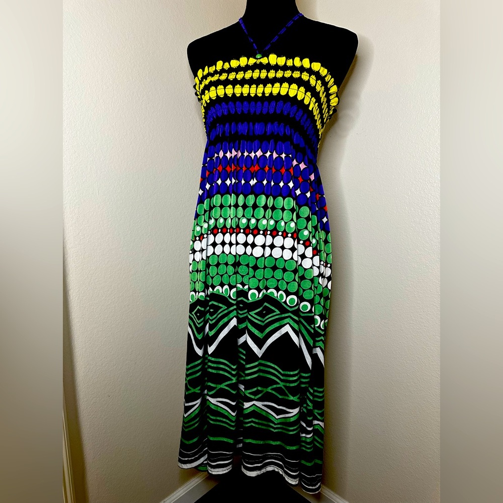 Women’s vibrantly colored, ruffled elasticized breast, A frame, midi dress